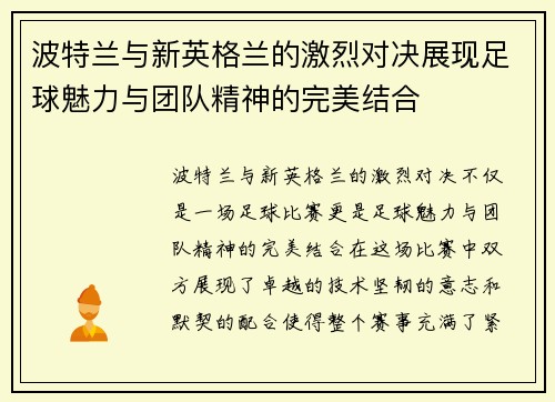 波特兰与新英格兰的激烈对决展现足球魅力与团队精神的完美结合