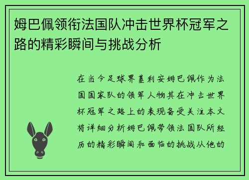 姆巴佩领衔法国队冲击世界杯冠军之路的精彩瞬间与挑战分析